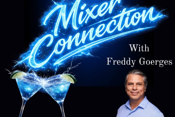 Poster cover showing a man in a light blue shirt on the right, two blue margarita glasses with lime wedges in the foreground, and bold blue script text across the top portion with a 'Presents' logo in the upper left.