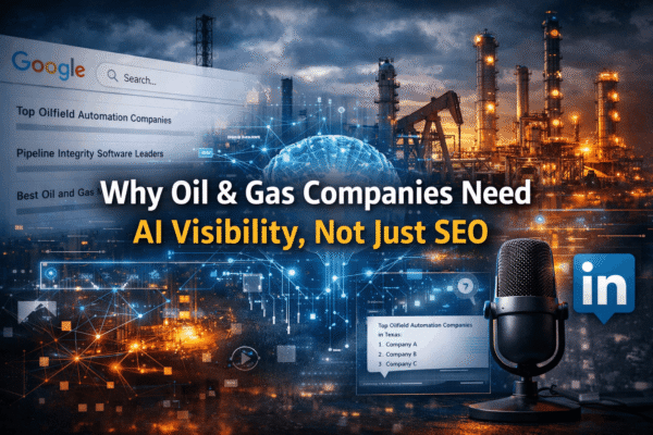 Oil and gas refinery with AI, search, LinkedIn, and podcast visuals representing digital visibility in the energy industry