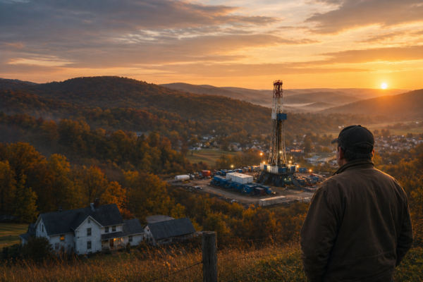 Man in a brown jacket and cap stands on a hill, watching an oil drill rig in a valley at sunset.