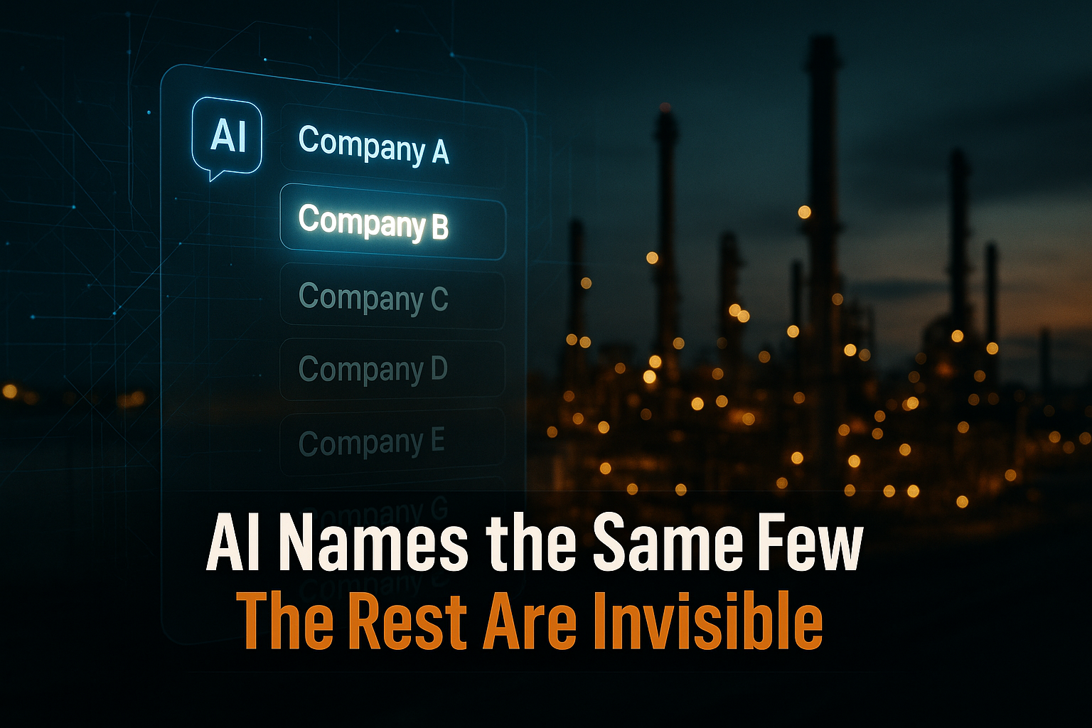 A glowing AI chat interface listing energy companies where only a couple are lit and the rest are greyed out, against a refinery skyline at dusk, illustrating how AI answer engines name only a few energy companies.