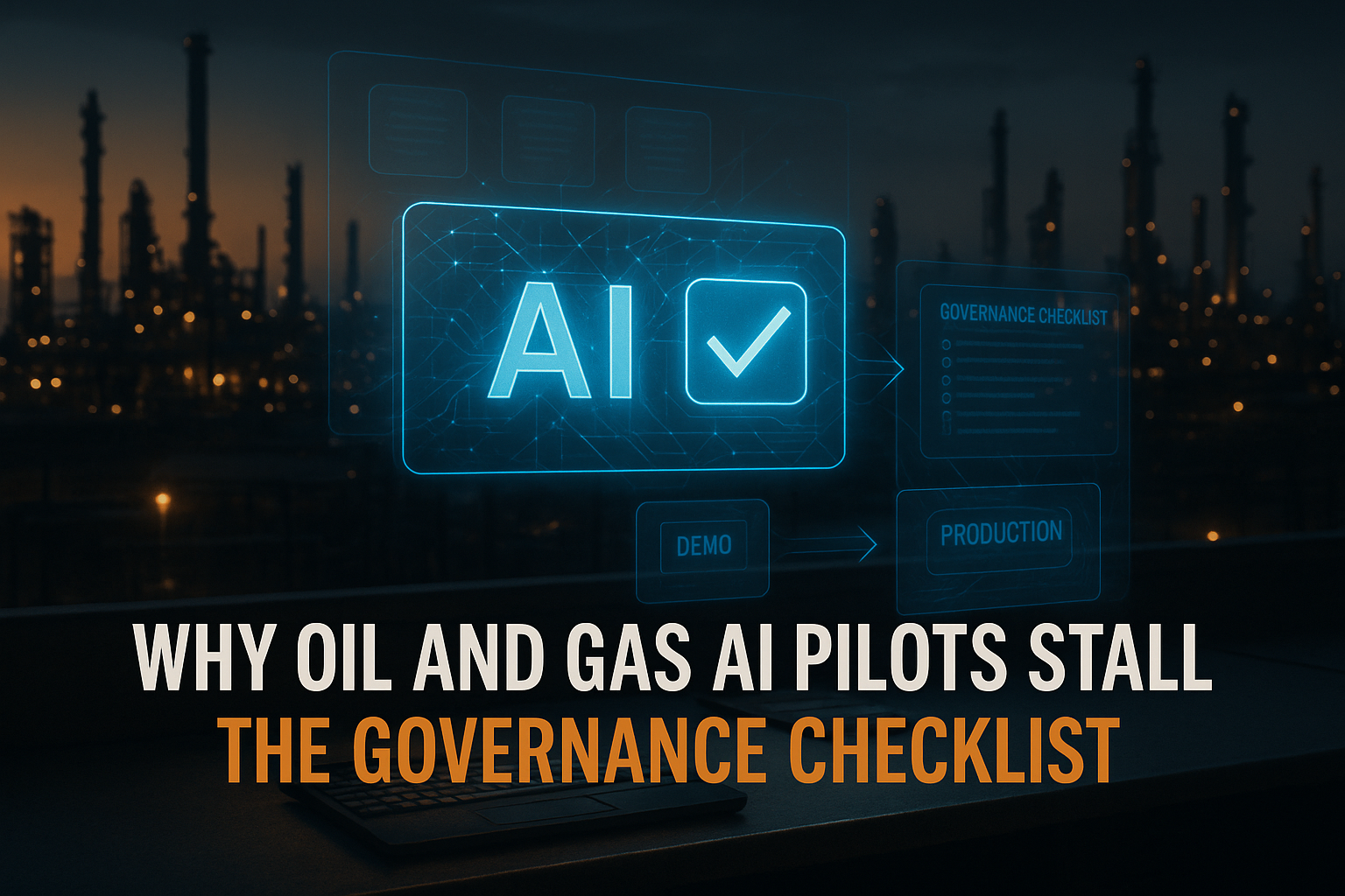 A holographic AI dashboard over a refinery control-room desk at dusk showing one validated panel with a checkmark beside a governance checklist and a demo-to-production arrow, illustrating why oil and gas AI pilots stall and the governance steps that get them to production.