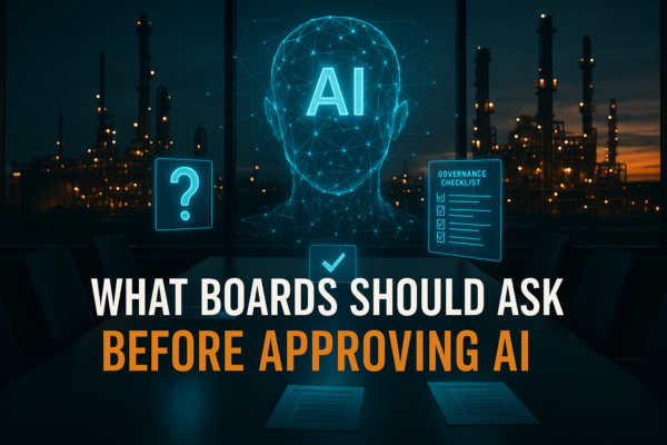 A boardroom at dusk with a holographic AI head, a governance checklist card, and a question mark, illustrating the questions boards should ask before approving an AI tool.