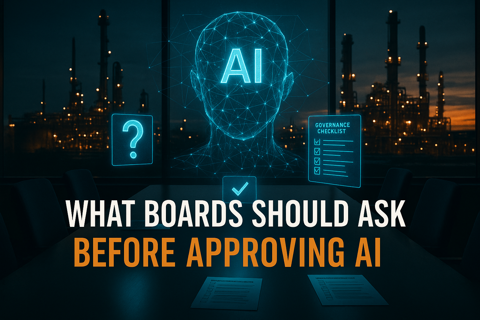 A boardroom at dusk with a holographic AI head, a governance checklist card, and a question mark, illustrating the questions boards should ask before approving an AI tool.
