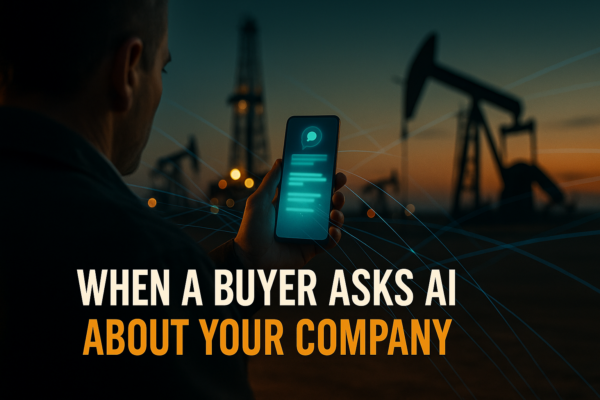 An oilfield buyer holding a phone showing an AI chat interface with an oil rig and pump jacks at dusk behind, illustrating a buyer researching an oilfield service company through an AI assistant.