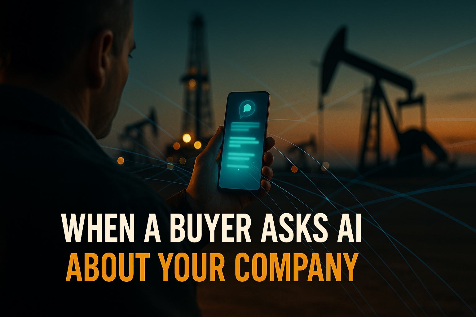 An oilfield buyer holding a phone showing an AI chat interface with an oil rig and pump jacks at dusk behind, illustrating a buyer researching an oilfield service company through an AI assistant.