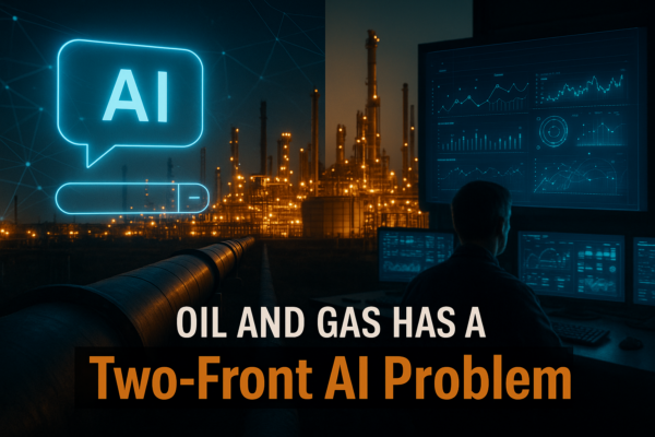 A split scene of a neutral AI chat interface over a refinery on one side and a decision dashboard with an operator on the other, connected by a pipeline at dusk, illustrating oil and gas facing both an AI search problem and an AI decision problem.