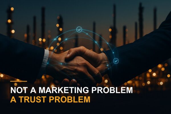 Two people shaking hands in front of an out-of-focus refinery at dusk, with a translucent blue network of verification lines and checkmarks arcing between them, illustrating trust being verified rather than assumed in oil and gas marketing.
