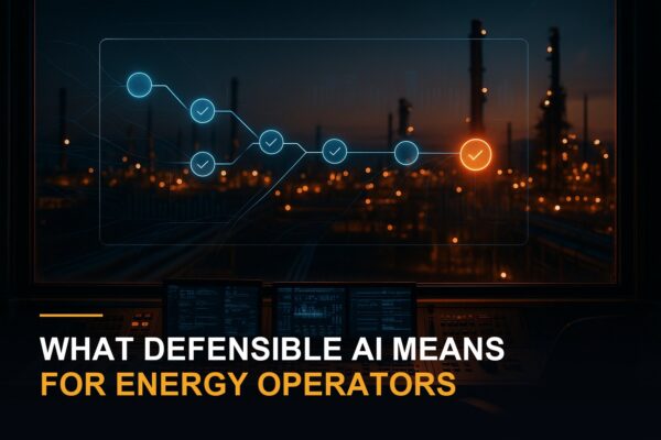 An industrial control room at dusk with a holographic decision chain on screen, each step marked with a checkmark and one step highlighted in amber under review, a refinery glowing through the window behind, illustrating a traceable audit trail for AI-influenced decisions in energy operations.