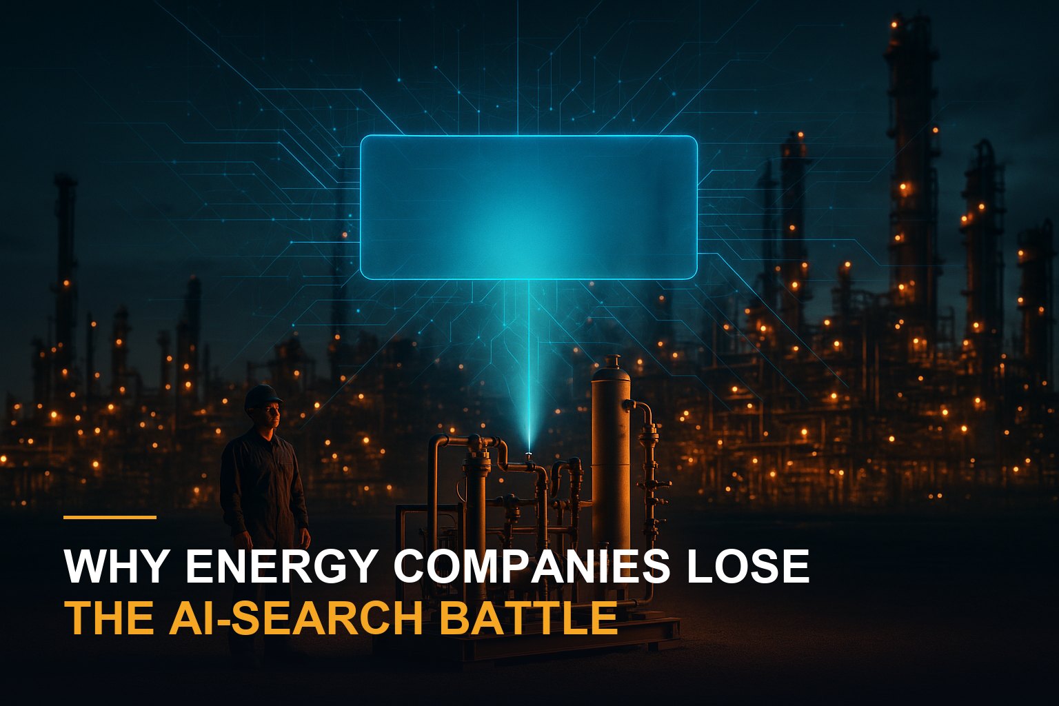 A technician in coveralls stands beside a compact skid-mounted gas-processing unit lit in warm amber, with an enormous refinery complex blurred in the background at dusk and a large translucent blue holographic answer panel hovering above, a beam of light singling out the small unit rather than the vast plant.