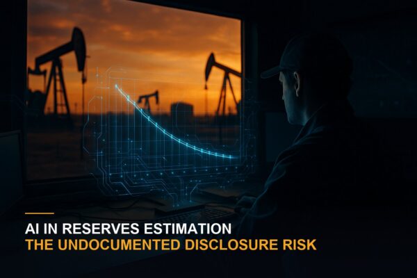 A reservoir engineer in a darkened room watching a glowing blue holographic production decline curve, with pump jacks and a tank silhouetted against an amber dusk sky through the window.