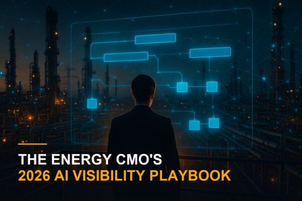A marketing executive seen from behind at a gas-processing plant at night, facing a translucent blue holographic planning board of linked timeline bars and blocks.