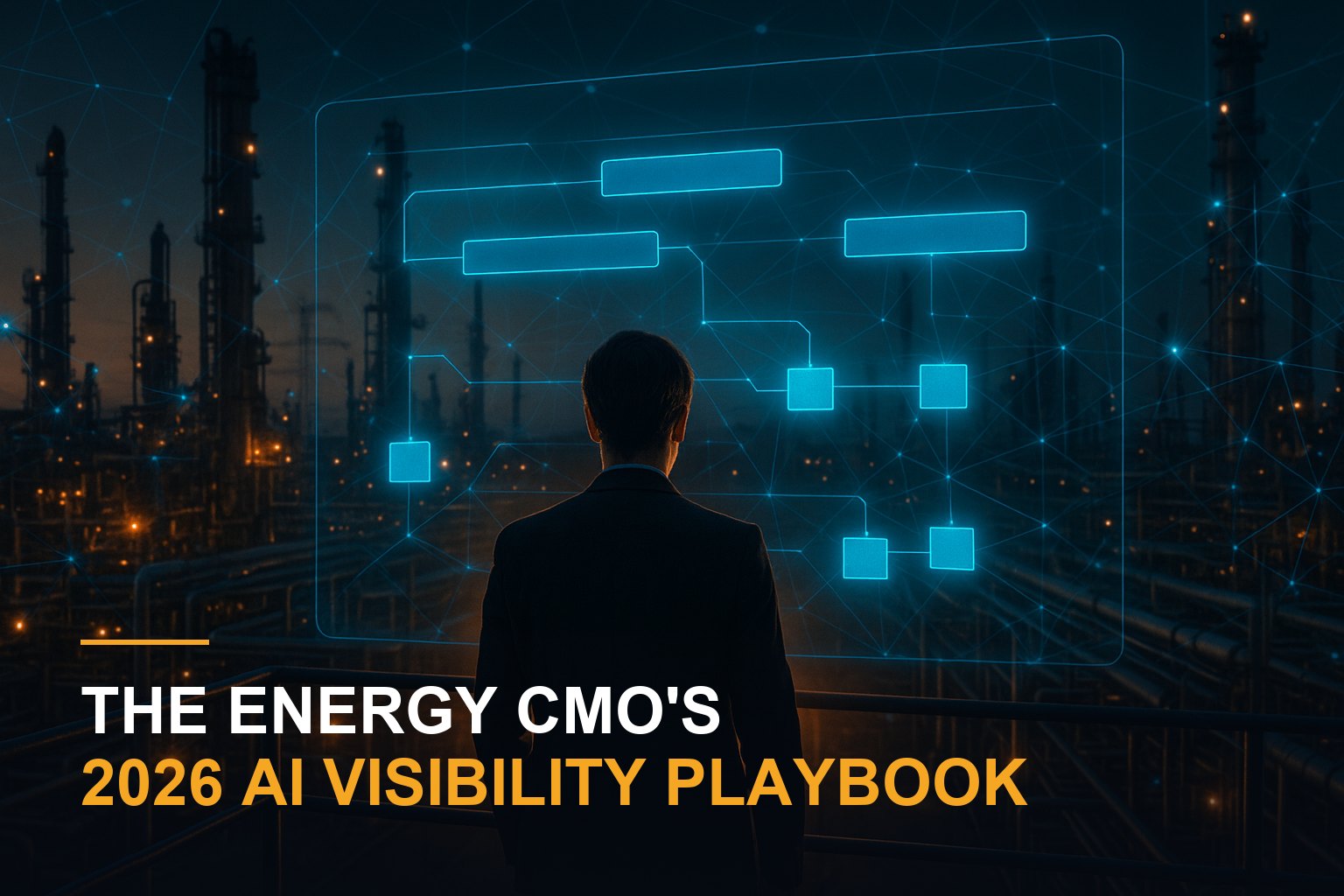 A marketing executive seen from behind at a gas-processing plant at night, facing a translucent blue holographic planning board of linked timeline bars and blocks.