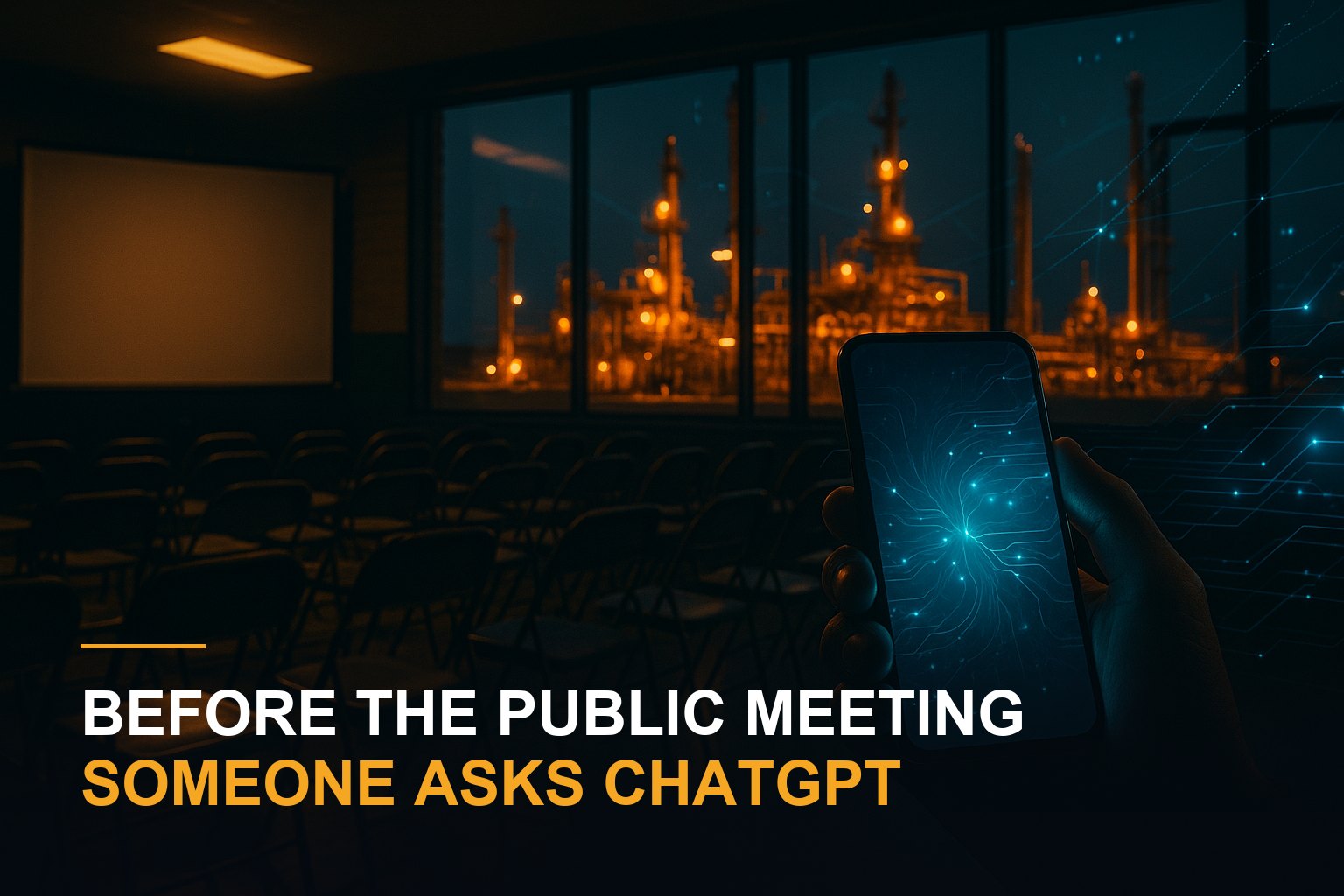 An empty community meeting hall at dusk with folding chairs and a blank projector screen, a lit gas plant outside the windows, and a hand holding a phone that glows with an abstract blue AI interface.